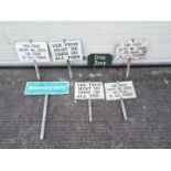 Seven metal golf-course signs which show rules and locations. Lot includes a 'Drop Zone' golf sign.