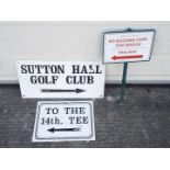 Sutton Hall Golf Club - Three metal directional golf-course signs.