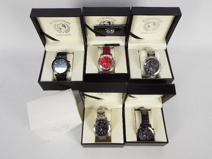 Five boxed fashion watches by Primetimes comprising one Mariner and four Olympian.