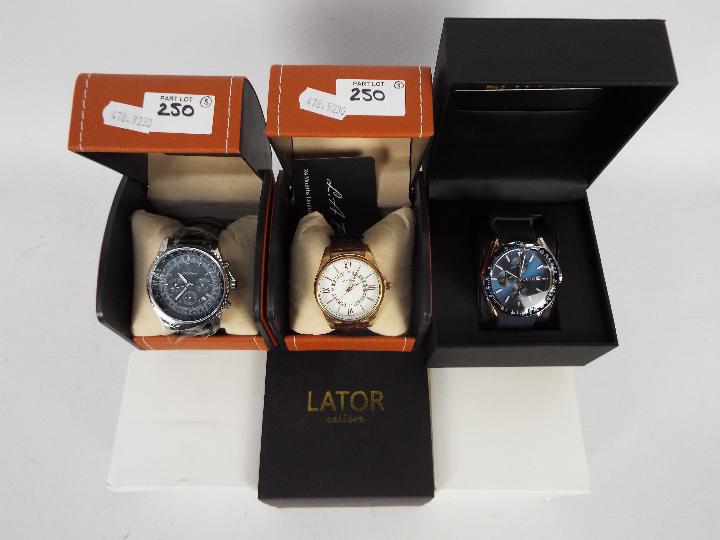 Three boxed fashion watches comprising one Lator and two by L A Banus.