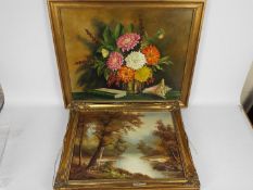 A framed oil on board still life, signed lower left by the artist Royd Robinson,