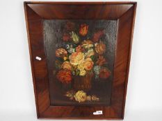 A framed oil painting still life of flowers in a vase, approximately 48 cm x 35 cm image size.