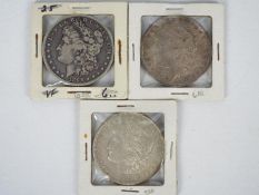 Three US silver Morgan Dollars comprising 1890, Philadelphia mint, 1899,