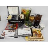 Lot to include a binder of first day covers, boxed microscope, ceramics, glassware,