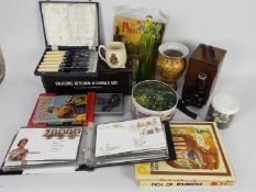 Lot to include a binder of first day covers, boxed microscope, ceramics, glassware,