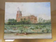 H B Tarleton - a watercolour depicting St Chads Church, Farndon with view of the river to the fore,