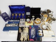 Lot to include plated ware, ceramics, pewter, vintage Smiths lathe speed gauge and similar.