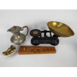 Liberty & Co - A Tudric coffee pot, pattern 1324 and a set of kitchen scales and weights.