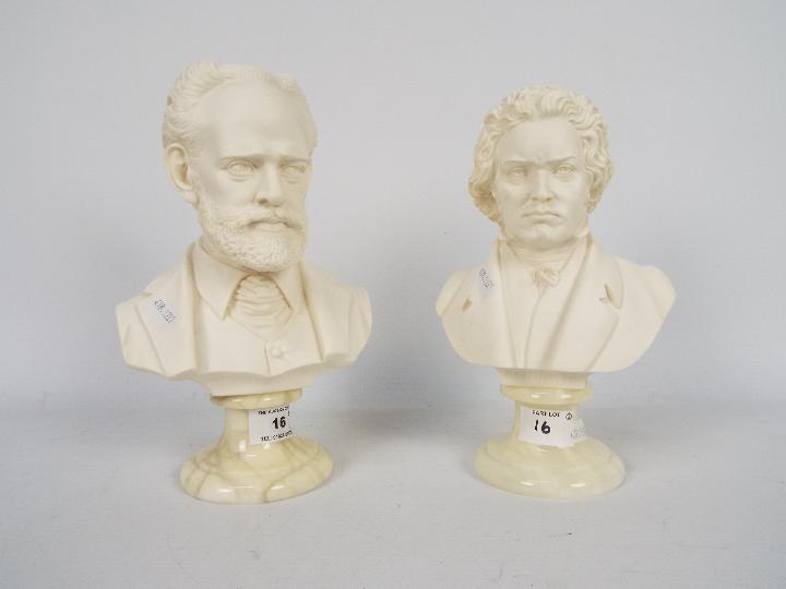 Two bonded marble busts of composers comprising Pyotr Ilyich Tchaikovsky and Ludwig van Beethoven,