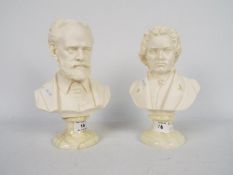 Two bonded marble busts of composers comprising Pyotr Ilyich Tchaikovsky and Ludwig van Beethoven,