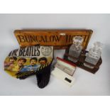 Lot to include a vintage carved wood directional sign 'Bungalow Hotel, two decanters and stand,