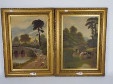 Two framed oils on board one depicting cattle taking water the other sheep being driven over a