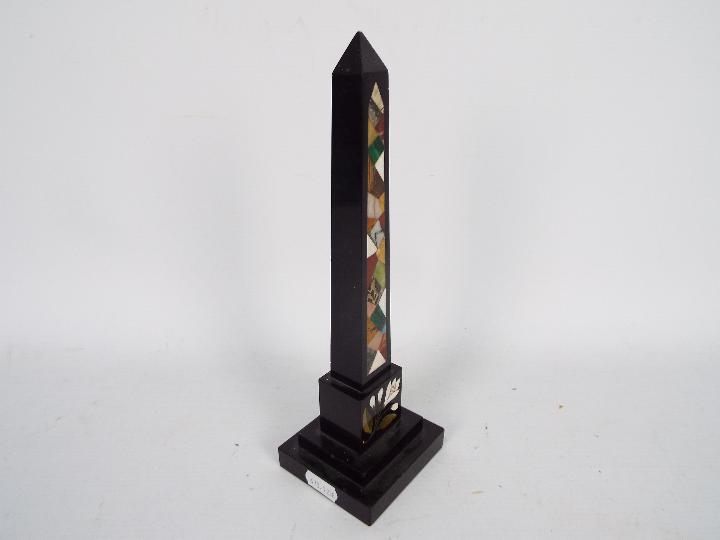 A pietra dura obelisk on stepped base, approximately 26 cm (h). - Image 2 of 3