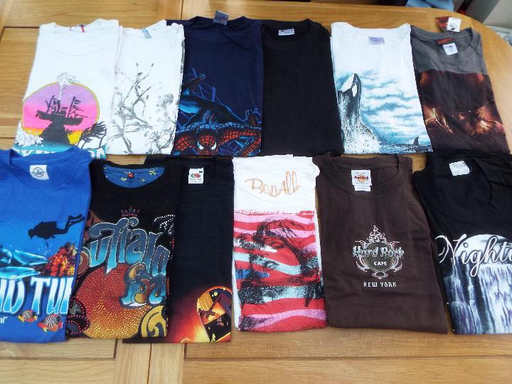 A job lot of 12 various tee shirts, predominantly pictorial images on various colours, sizes M,