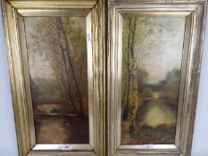 Two early 20th century framed oils on canvas, lakeside scenes, each approximately 46 cm x 20 cm.