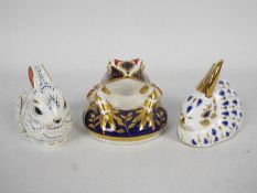 Royal Crown Derby - Three paperweights comprising Frog (silver stopper),