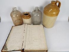 Lot to include a Valentine, Ludlow stoneware flagon, glass demijohns, antique ledger and similar.