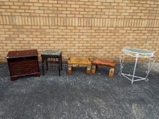 A television stand, approximately 54 cm x 61 cm x 44 cm, two camel stools and other.