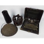 Lot to include a Plasfort helmet, leather gaiters, Corona typewriter and similar.