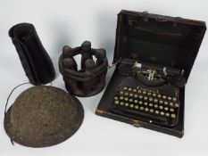 Lot to include a Plasfort helmet, leather gaiters, Corona typewriter and similar.