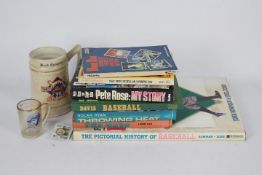 Baseball Items. A box of books, a Metz 1