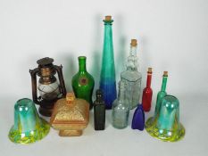 Mixed glass to include vintage bottles, carnival glass lidded pot,