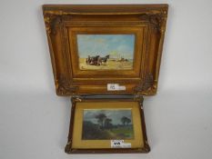 Two small framed, oil on board landscape scenes, largest approximately 11 cm x 16 cm image size.