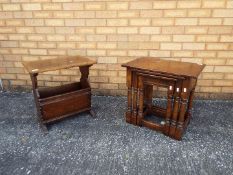 An oak nest of three occasional tables, largest 50 cm x 54 cm x 35 cm and a magazine rack / table.