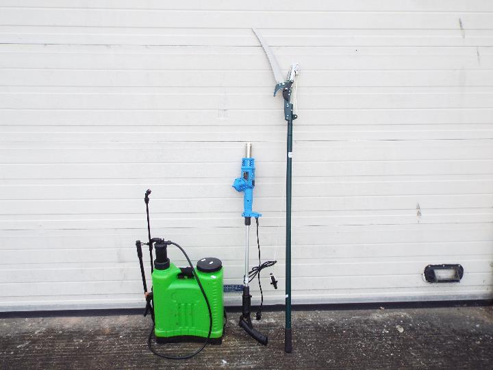 Gardening tools to include tree pruner, backpack weed sprayer and multi functional weed burner.