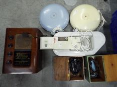 Lot to include a vintage Pye radio, Singer Steam Press, electric bed warmers and other.