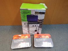 A boxed, two burner, gas barbecue and two instant barbecues.