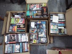 A large quantity of audio tapes, audio books, comedy series and similar, five boxes.