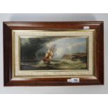 Continental school, 20th century - A framed oil on board seascape with ships in heavy seas,