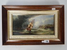 Continental school, 20th century - A framed oil on board seascape with ships in heavy seas,