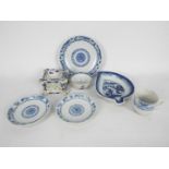 A collection of blue and white wares to include an inkwell and cover, leaf form dish,