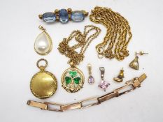 Lot to include a yellow metal necklace, stamped 9ct, rose metal scrap watch bracelet part,