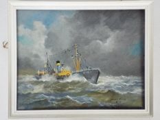 A framed oil on board depicting the trawler Stoke City in heavy seas,