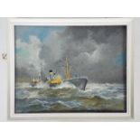 A framed oil on board depicting the trawler Stoke City in heavy seas,