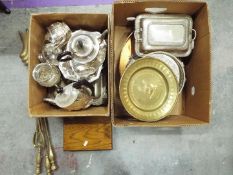 A quantity of metal ware, plated, brass and similar and a cut glass bowl with silver mount.
