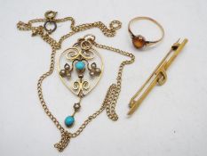 Lot to include a yellow metal pendant set with split pearl and turquoise, stamped 9ct,