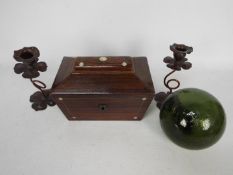 Lot to include a sarcophagus form tea caddy,