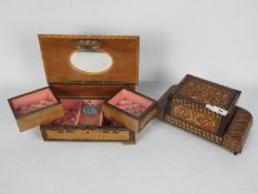 A vintage marquetry, musical cigarette box and a musical jewellery box.