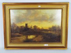 Joseph Thors - A framed oil on canvas landscape scene with figures walking along a path by a stream