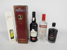 Lot to include Martell VSOP Medaillon, vodka, port and similar.