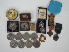 Lot to include various medals and medallions including two white metal and enamel Liverpool County
