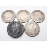 Georgian coins comprising cartwheel twopence, three George III crowns, one 1820,