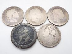 Georgian coins comprising cartwheel twopence, three George III crowns, one 1820,