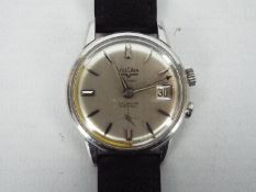 A gentleman's Vulcain Cricket wrist watch Condition Report: Hands and date set, watch winds,