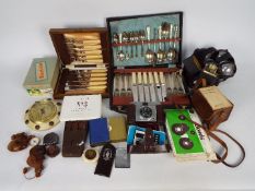 Mixed collectables to include technical drawing set, cased compass, cased flatware,