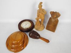 Treen - A turned wooden mallet, carving of a nun, wood cased barometer and similar.